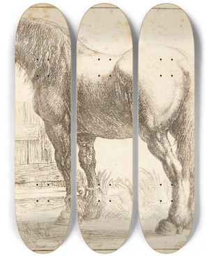 Triptych art skateboard deck of Simon De Vlieger Arbejdshest Ved Et Hegn by Simon de Vlieger (1601-1653)