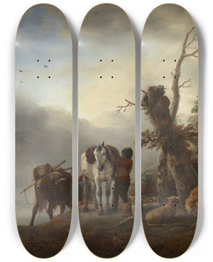 Triptych art skateboard deck of Philips Wouwerman Landscape With Packhorses by Philips Wouwerman (1619-1668)