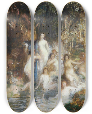 Triptych art skateboard deck of George Spencer Watson Allegorical Figures In A Stream by George Spencer Watson (1869-1934)
