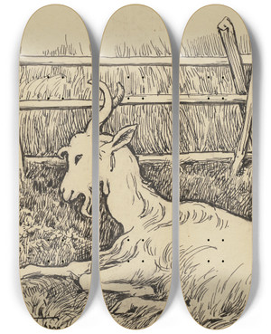 Triptych art skateboard deck of Hans Thoma Ziege by Hans Thoma (1839-1924)