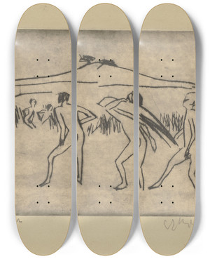 Triptych art skateboard deck of Ernst Ludwig Kirchner Badende Mnner Einer Schilf Tragend by Ernst Ludwig Kirchner (1880-1938)
