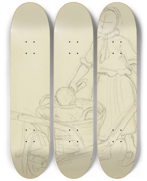 Triptych art skateboard deck of Jakob Becker Bauernmdchen Mit Schubkarren by Jakob Becker (1810-1872)