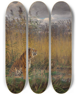 Triptych art skateboard deck of Geza Vastagh A Tiger In A Landscape by Geza Vastagh (1866-1919)