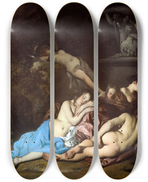 Triptych art skateboard deck of Sir Peter Lely Nymphs By A Fountain by Sir Peter Lely (1618-1680)