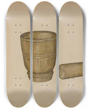 Triptych art skateboard deck of Clarence W Dawson Mortar And Pestle by Clarence W Dawson