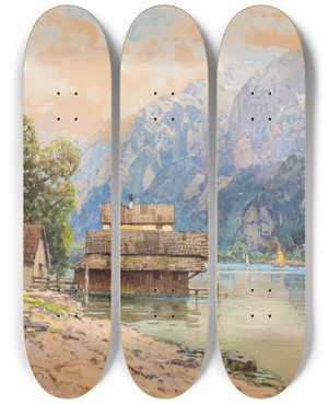 Triptych art skateboard deck of Fritz Lach Bootshuser Am Hallsttter See by Fritz Lach (1868-1933)