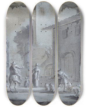 Triptych art skateboard deck of Jan Asselijn Byscene Med En Ben Port Figurer Og Dyr by Jan Asselijn (1610-1652)