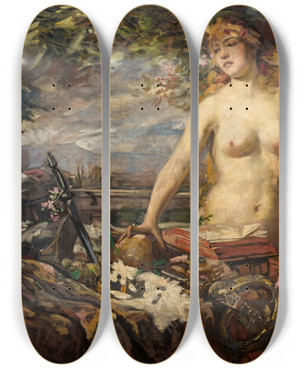 Triptych art skateboard deck of Burkhard Mangold Weiblicher Akt Mit Stillleben by Burkhard Mangold (1873-1950)