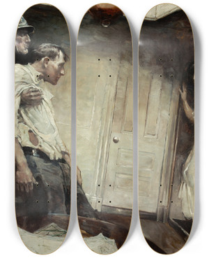 Triptych art skateboard deck of Frank Earle Schoonover What Happened Here by Frank Earle Schoonover (1877-1972)