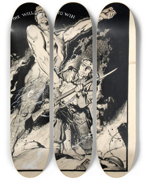 Triptych art skateboard deck of Clive Uptton The Will To Win by Clive Uptton (1911-2006)