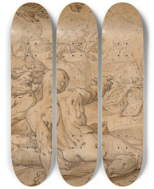 Triptych art skateboard deck of Abraham Bloemaert River Gods Watching Apollo Pursuing Daphne by Abraham Bloemaert (1564-1651)