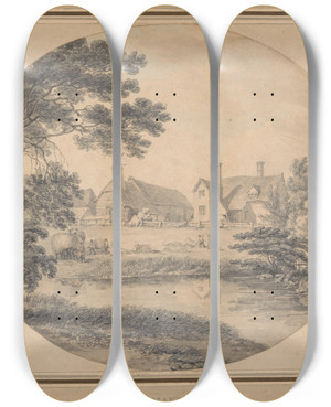 Triptych art skateboard deck of Thomas Hearne Haymaking by Thomas Hearne (1744-1817)