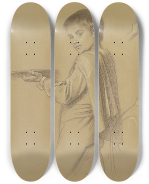 Triptych art skateboard deck of Josef Ferdinand Becker Studienblatt Page Mit Tablett Mnnliche Halbfigur Zwei Hnde by Josef Ferdinand Becker (1846-1877)