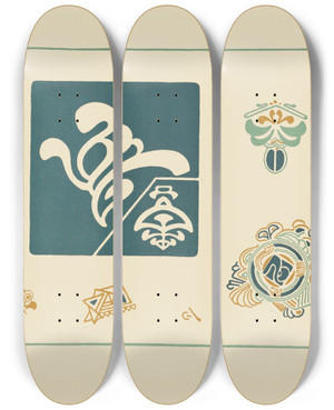 Triptych art skateboard deck of George Auriol Abstract Design Based On Leaf And Feather Shapes by George Auriol (1863-1938)