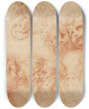 Triptych art skateboard deck of Giulio Cesare Procaccini Head And Figure Studies by Giulio Cesare Procaccini (1574-1625)