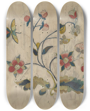 Triptych art skateboard deck of Mildred E Bent Coverlet by Mildred E Bent