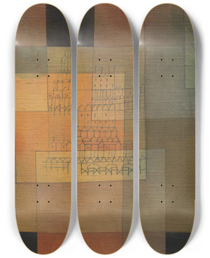Triptych art skateboard deck of Paul Klee Polyphonic Architecture by Paul Klee (1879-1940)