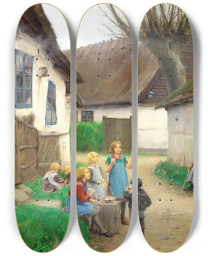 Triptych art skateboard deck of Hans Andersen Brendekilde Brn Der Blser Sbebobler by Hans Andersen Brendekilde (1857-1942)