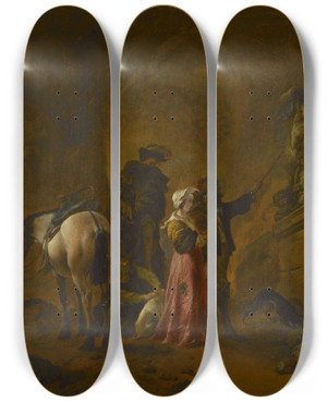 Triptych art skateboard deck of Philips Wouwerman Travellers In A Cave by Philips Wouwerman (1619-1668)
