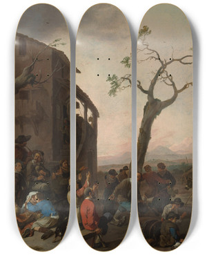 Triptych art skateboard deck of Johannes Lingelbach Peasants Dancing by Johannes Lingelbach (1622-1674)