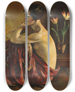 Triptych art skateboard deck of Egge Sturmskrla Sitting Nude With Red Scarf by Egge Sturm-Skrla (1894-1943)