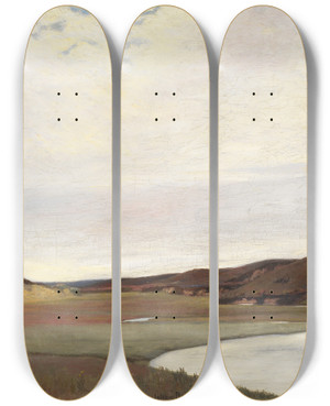 Triptych art skateboard deck of Johan Rohde A Summers Day By The River Karup Jutland by Johan Rohde (1856-1935)