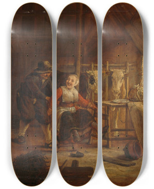 Triptych art skateboard deck of Govert Dircksz Camphuysen Flirtation In A Cowshed by Govert Dircksz Camphuysen (1624-1672)