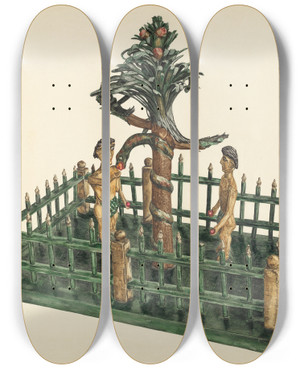 Triptych art skateboard deck of Yolande Delasser Adam And Eve by Yolande Delasser (1935)