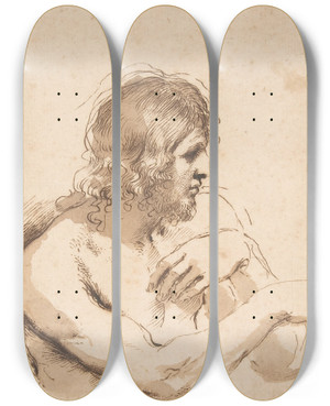 Triptych art skateboard deck of Guercino Halffigure Of A Nude Man Facing Right by Guercino (1591-1666)