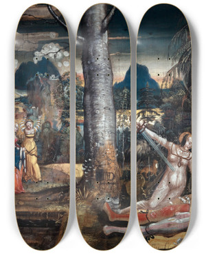 Triptych art skateboard deck of Niklaus Manuel Pyramus And Thisbe by Niklaus Manuel (1484-1530)