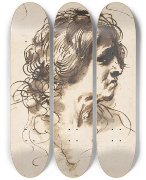 Triptych art skateboard deck of Guercino Bust Of A Man Facing Right by Guercino (1591-1666)