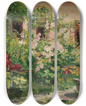 Triptych art skateboard deck of Marie Egner Vorgarten Mit Blhenden Stockrosen by Marie Egner (1850-1940)