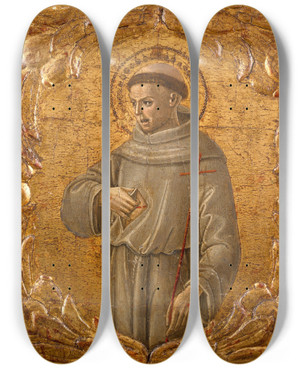 Triptych art skateboard deck of Benvenuto Di Giovanni Saint Francis by Benvenuto Di Giovanni (1436-1509)
