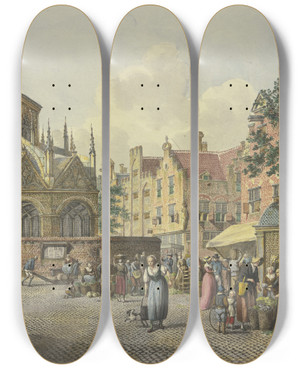 Triptych art skateboard deck of Johannes Huibert Prins Links Der Chor Einer Kirche Rechts Ein Brunnenhaus Mit Gemseverkuferinnen by Johannes Huibert Prins (1757-1806)