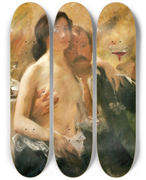 Triptych art skateboard deck of Lovis Corinth Self Portrait With His Wife Charlotte Berendcorinth And A Sekt Glass by Lovis Corinth (1858-1925)