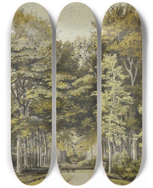 Triptych art skateboard deck of Martinus Van Der Jagt Weg Durch Einen Buchenwald Vorne Eine Hlzerne Brcke by Martinus van der Jagt (1747-1805)