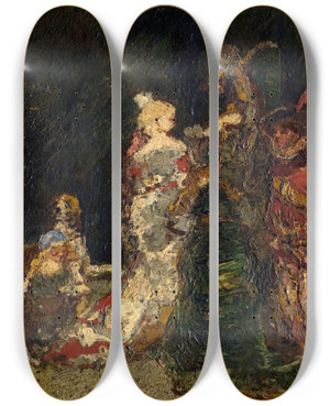 Triptych art skateboard deck of Adolphe Monticelli Figures In A Park by Adolphe Monticelli (1824-1886)