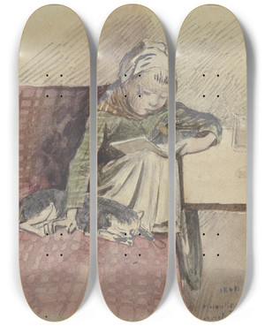 Triptych art skateboard deck of Hugo Kauffmann Lesendes Kind Mit Katze Auf Der Bank by Hugo Kauffmann (1844-1915)