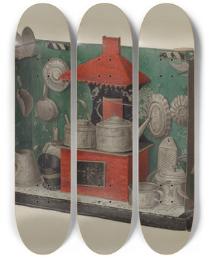 Triptych art skateboard deck of Philip Johnson Toy Kitchen by Philip Johnson