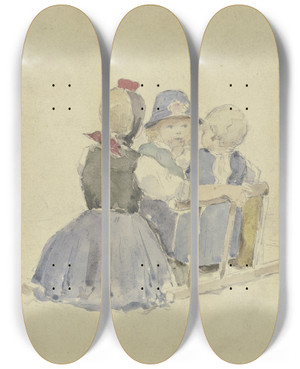 Triptych art skateboard deck of Jacob Happ Three Children From Schwalm by Jacob Happ (1861-1936)