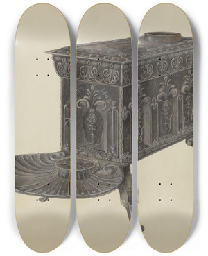 Triptych art skateboard deck of Lloyd Quackenbush Foot Stove by Lloyd Quackenbush