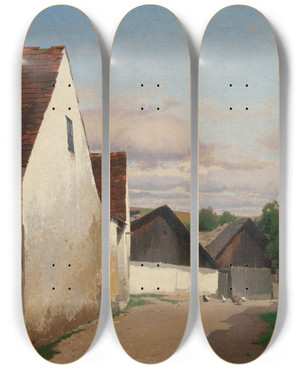 Triptych art skateboard deck of Ferdinand Brunner Alte Huser In Gaudenzdorf by Ferdinand Brunner (1870-1945)