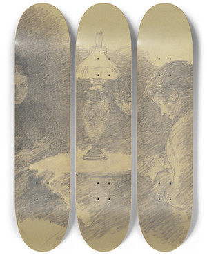 Triptych art skateboard deck of Louis Eysen Drei Frauen Unter Einer Tischlampe by Louis Eysen (1843-1899)