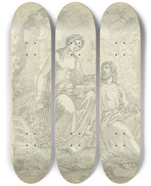 Triptych art skateboard deck of Ferdinand Fellner Ulysses And Calypso by Ferdinand Fellner (1799-1859)