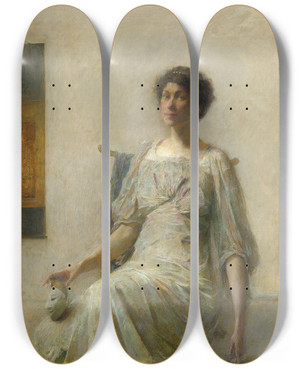 Triptych art skateboard deck of Thomas Wilmer Dewing Lady With A Mask by Thomas Wilmer Dewing (1851-1938)