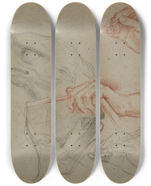 Triptych art skateboard deck of Carlo Maratti Study For An Eagles Head Three Studies For A Hand With A Quilland One Study For A Hand Holding A Book by Carlo Maratti (1625-1713)