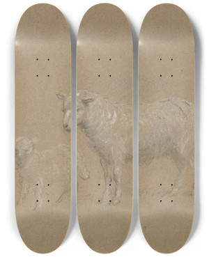 Triptych art skateboard deck of Wilhelm Amandus Beer Sheep And Lamb by Wilhelm Amandus Beer (1837-1907)