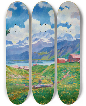 Triptych art skateboard deck of Giovanni Giacometti Spring Landscape by Giovanni Giacometti (1868-1933)