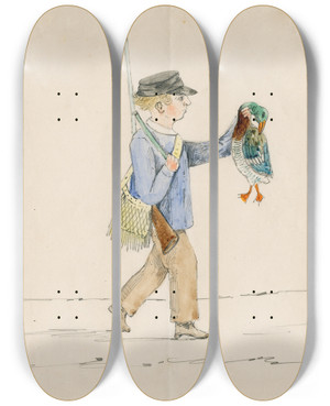 Triptych art skateboard deck of Floris Verster Hunter With Killed Duck by Floris Verster (1861-1927)