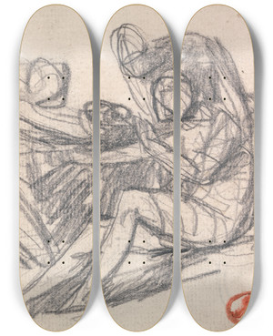 Triptych art skateboard deck of George Romney Two Figures Aiding A Seated Figure by George Romney (1734-1802)